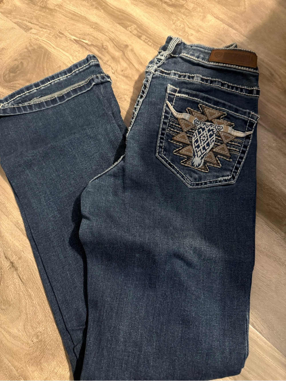 Rock & Roll Cowgirl Dark Blue Bootcut Jeans with Embroidered Pocket